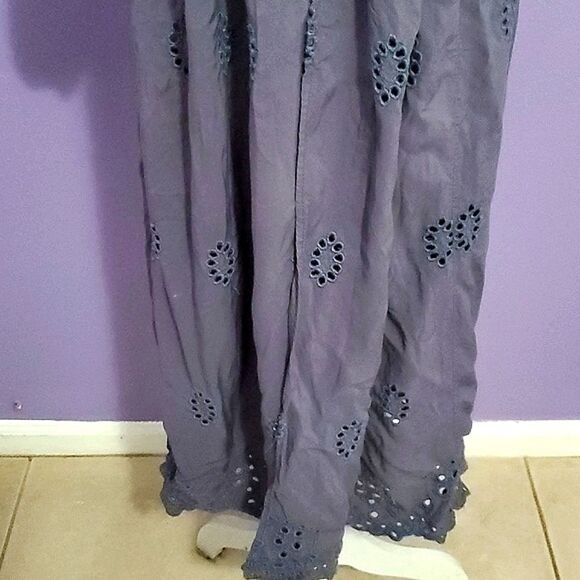 Blue Gray Boho Romantic Eyelet Fitted Waist Longline Duster Cardigan - Picture 4 of 11